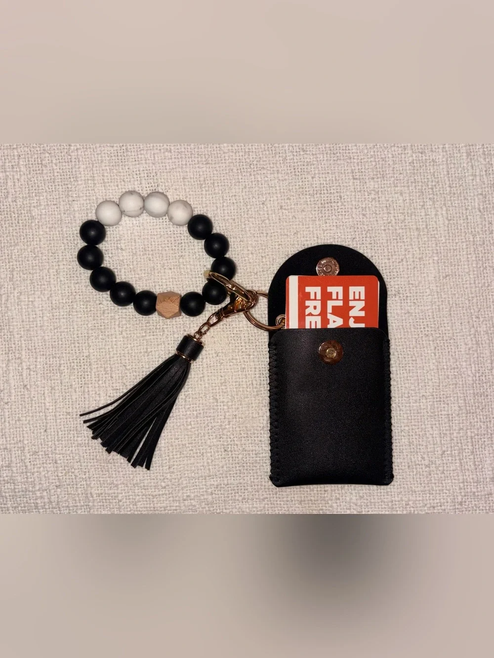 Black Beaded Wristlet Keychain with Black Tassel and Mini Pouch